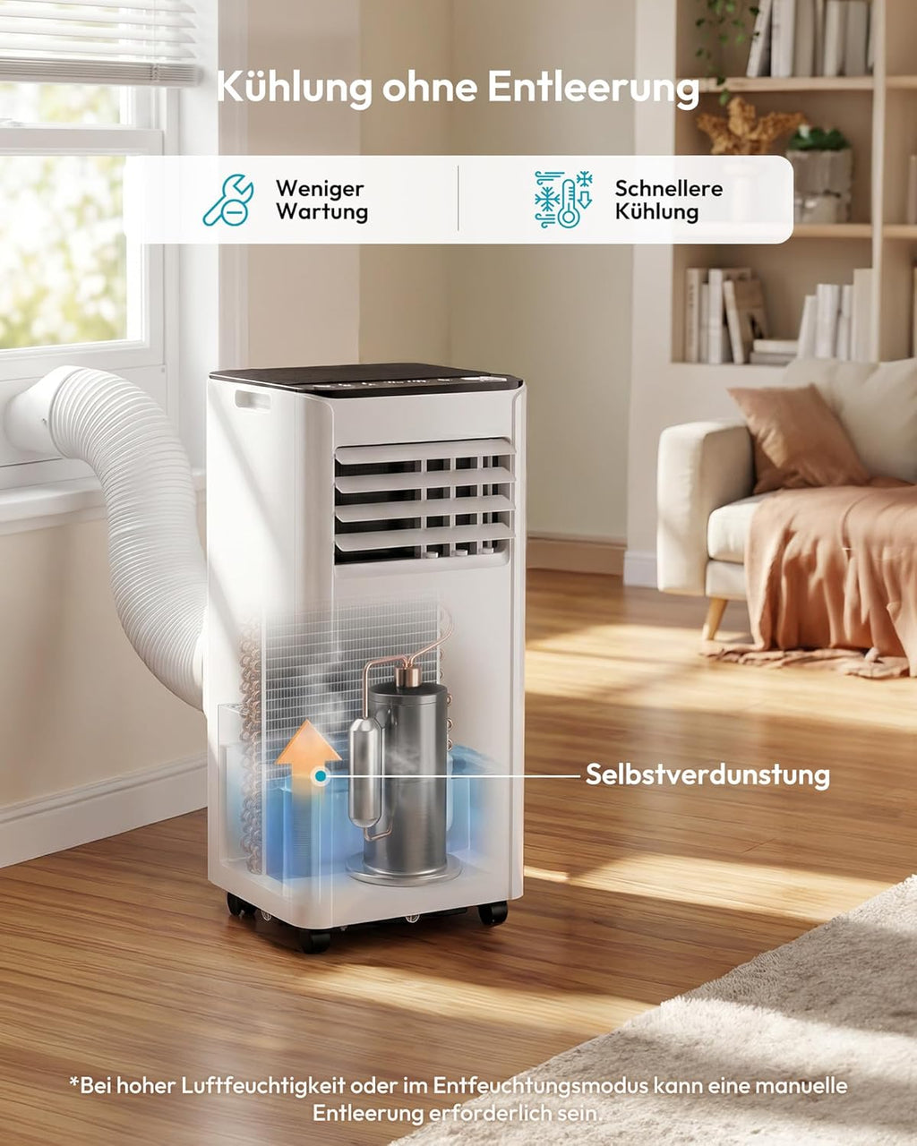 Mobile Air Conditioner 9000 BTU with Exhaust Hose, 4-in-1 Mobile Air Conditioner, Quiet Operation, Digital Display + Remote Control, Window Installation Set, 24-Hour Timer, For Rooms up to 25 m² [Energy Class A]