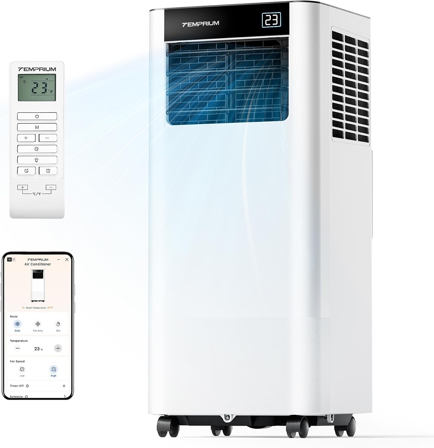 Mobile Air Conditioner 9000BTU 2.6 kW with Exhaust Hose, 3-in-1 Mobile Air Conditioner, Window Seal, App Control + Remote Control, Quiet Operation, 24-Hour Timer, For Rooms up to 25 m² [Energy Class A]