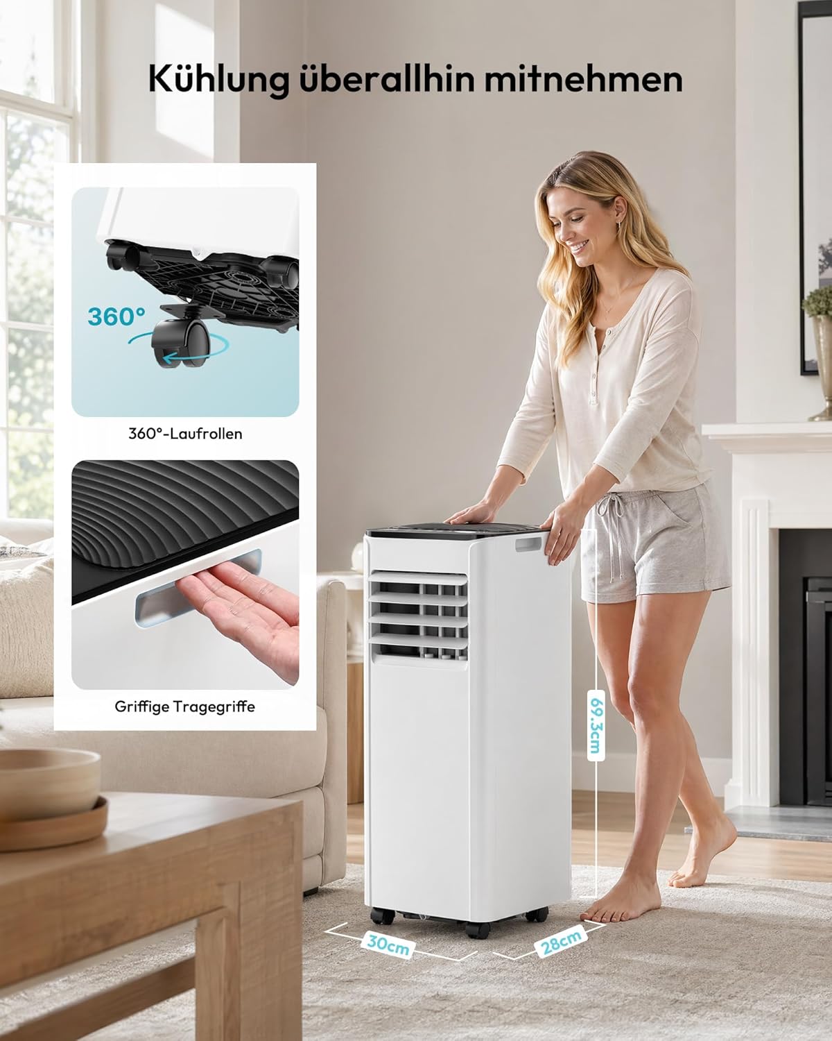 Mobile Air Conditioner 9000 BTU with Exhaust Hose, 4-in-1 Mobile Air Conditioner, Quiet Operation, Digital Display + Remote Control, Window Installation Set, 24-Hour Timer, For Rooms up to 25 m² [Energy Class A]