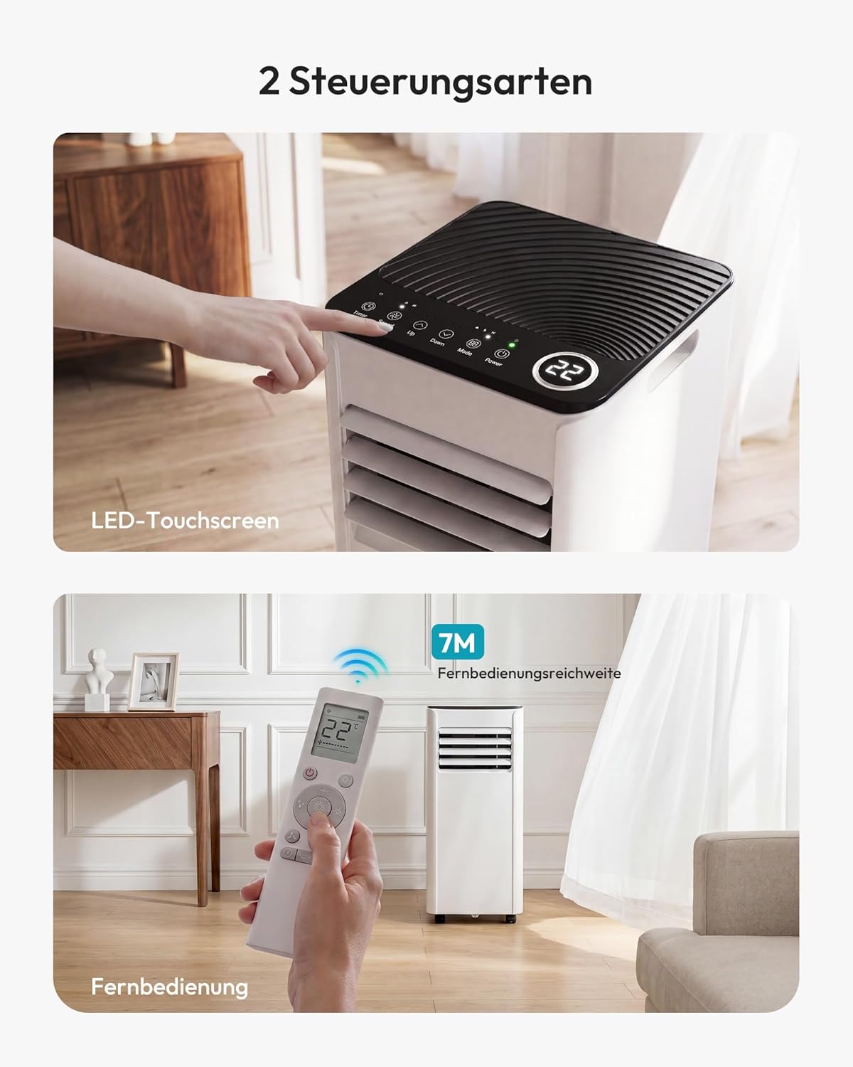 Mobile Air Conditioner 9000 BTU with Exhaust Hose, 4-in-1 Mobile Air Conditioner, Quiet Operation, Digital Display + Remote Control, Window Installation Set, 24-Hour Timer, For Rooms up to 25 m² [Energy Class A]
