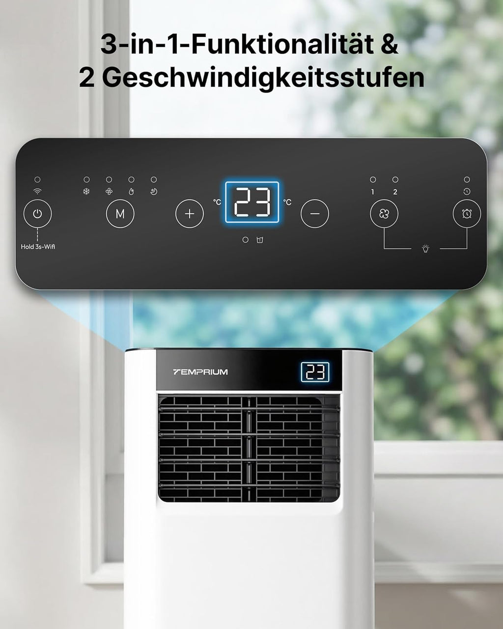 Mobile Air Conditioner 7000BTU 2.0 kW with Exhaust Hose, 3-in-1 Mobile Air Conditioner, Window Seal, App Control + Remote Control, Quiet Operation, 24-Hour Timer, For Rooms up to 20 m² [Energy Class A]