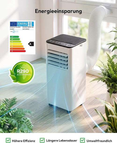 Mobile Air Conditioner 9000 BTU with Exhaust Hose, 4-in-1 Mobile Air Conditioner, Quiet Operation, Digital Display + Remote Control, Window Installation Set, 24-Hour Timer, For Rooms up to 25 m² [Energy Class A]