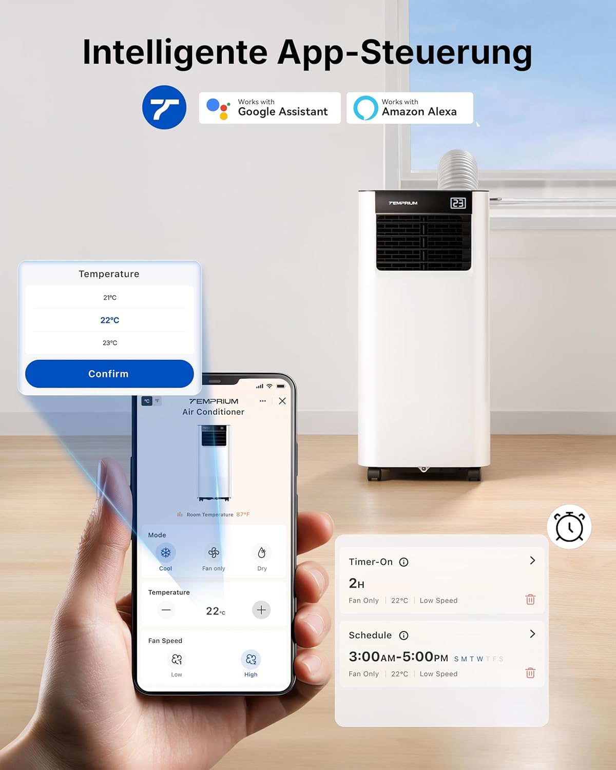 Mobile Air Conditioner 7000BTU 2.0 kW with Exhaust Hose, 3-in-1 Mobile Air Conditioner, Window Seal, App Control + Remote Control, Quiet Operation, 24-Hour Timer, For Rooms up to 20 m² [Energy Class A]