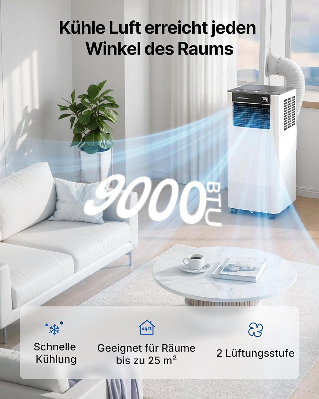 Mobile Air Conditioner 9000BTU 2.6 kW with Exhaust Hose, 3-in-1 Mobile Air Conditioner, Window Seal, App Control + Remote Control, Quiet Operation, 24-Hour Timer, For Rooms up to 25 m² [Energy Class A]
