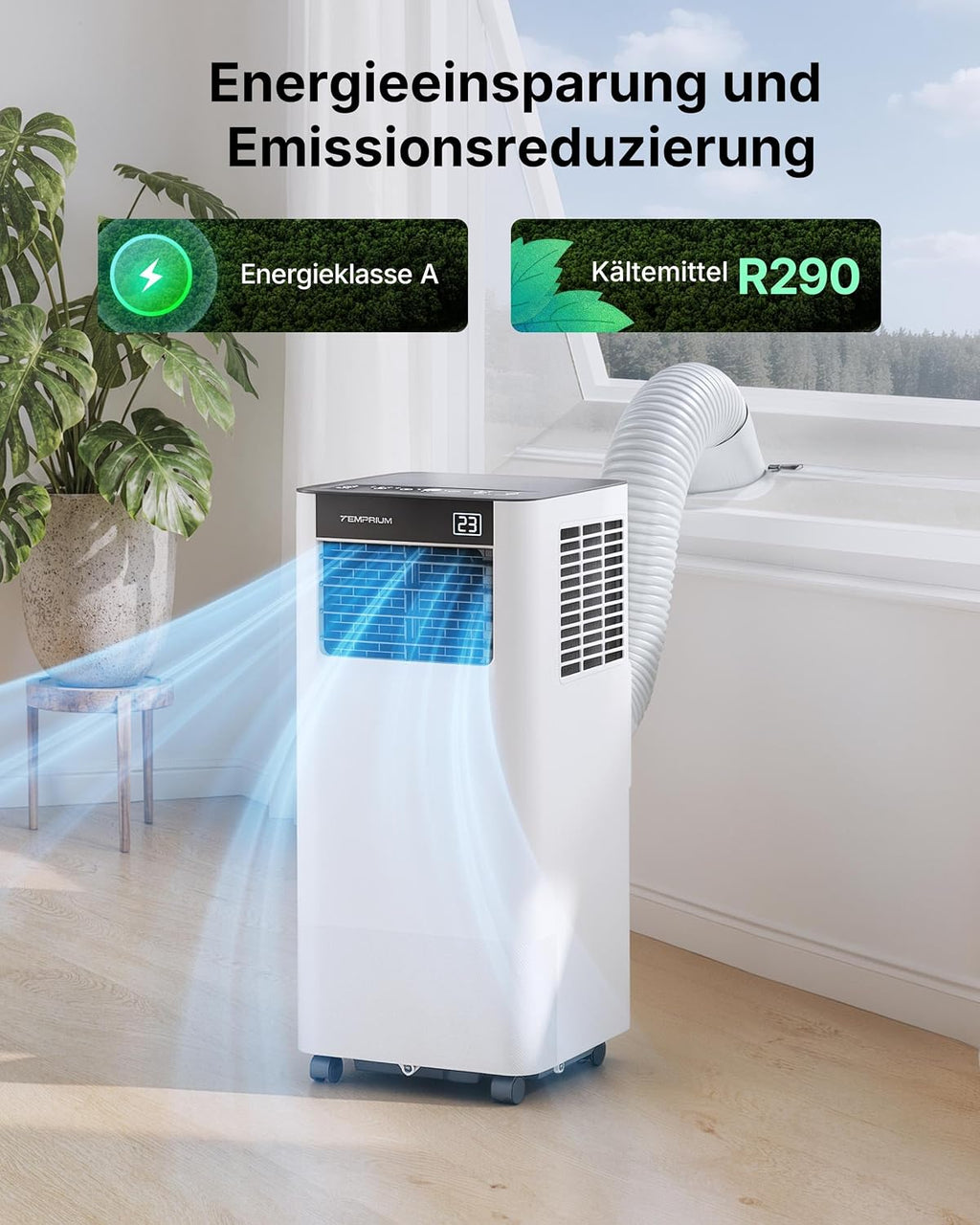 Mobile Air Conditioner 9000BTU 2.6 kW with Exhaust Hose, 3-in-1 Mobile Air Conditioner, Window Seal, App Control + Remote Control, Quiet Operation, 24-Hour Timer, For Rooms up to 25 m² [Energy Class A]