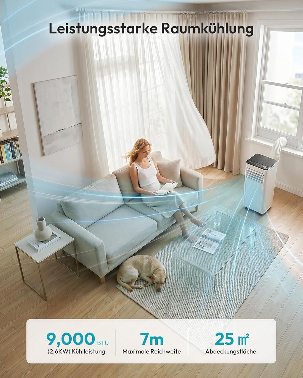 Mobile Air Conditioner 9000 BTU with Exhaust Hose, 4-in-1 Mobile Air Conditioner, Quiet Operation, Digital Display + Remote Control, Window Installation Set, 24-Hour Timer, For Rooms up to 25 m² [Energy Class A]