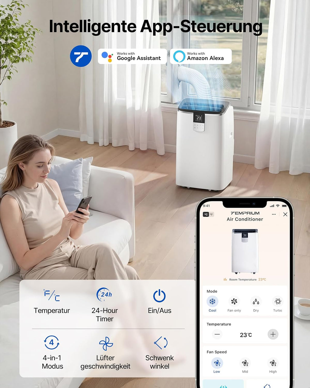 Mobile Air Conditioner 12000BTU with Exhaust Hose, 4-in-1 Mobile Air Conditioner with Window Seal, App Control + Remote Control, Quiet Operation, 24-Hour Timer [Energy Class A]