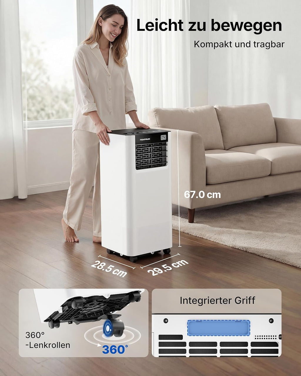 Mobile Air Conditioner 7000BTU 2.0 kW with Exhaust Hose, 3-in-1 Mobile Air Conditioner, Window Seal, App Control + Remote Control, Quiet Operation, 24-Hour Timer, For Rooms up to 20 m² [Energy Class A]