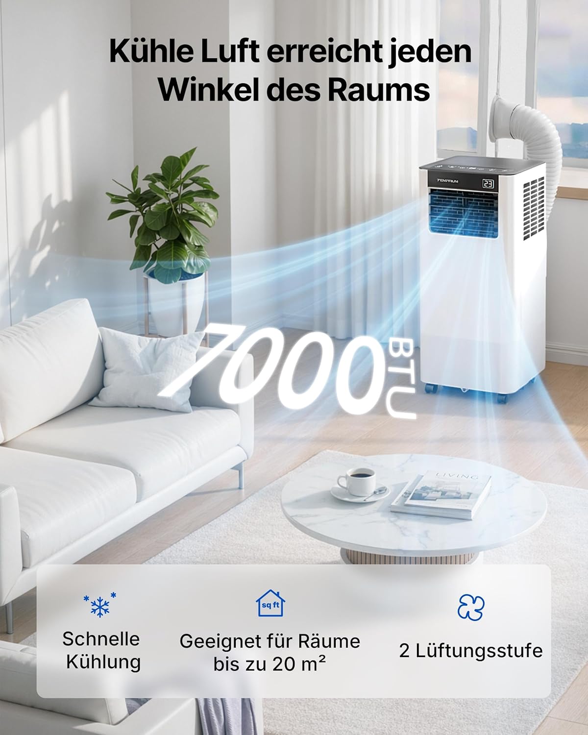 Mobile Air Conditioner 7000BTU 2.0 kW with Exhaust Hose, 3-in-1 Mobile Air Conditioner, Window Seal, App Control + Remote Control, Quiet Operation, 24-Hour Timer, For Rooms up to 20 m² [Energy Class A]