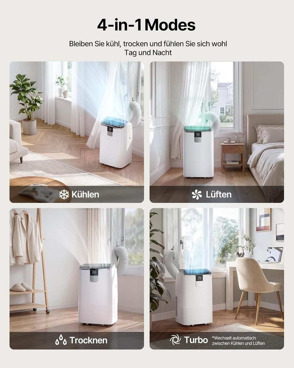 Mobile Air Conditioner 12000BTU with Exhaust Hose, 4-in-1 Mobile Air Conditioner with Window Seal, App Control + Remote Control, Quiet Operation, 24-Hour Timer [Energy Class A]