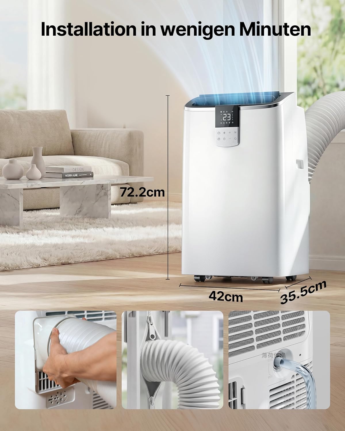 Mobile Air Conditioner 12000BTU with Exhaust Hose, 4-in-1 Mobile Air Conditioner with Window Seal, App Control + Remote Control, Quiet Operation, 24-Hour Timer [Energy Class A]